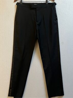 Reiss Mens Size 32 Black Wool Mohair Satin Side Stripe Dress Trousers